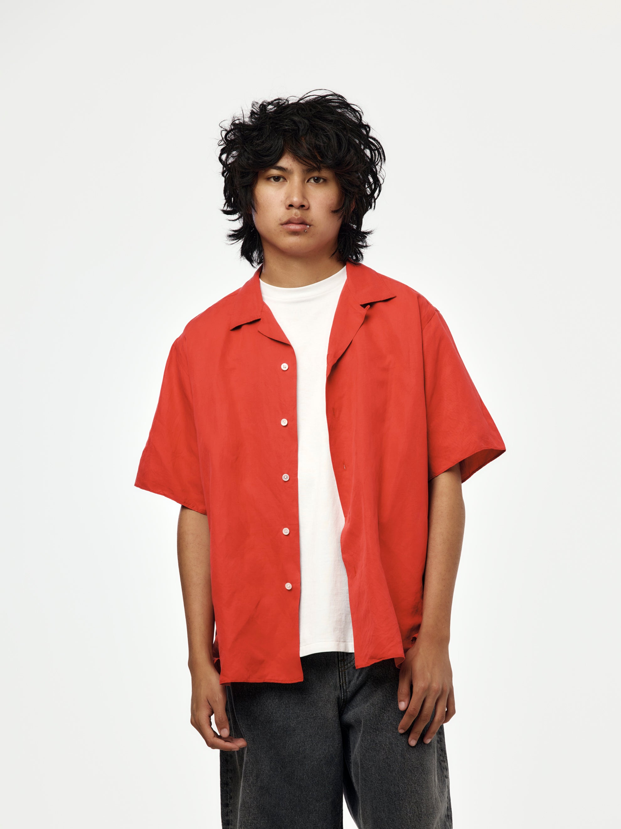 A.PRESSE A.PRESSE Vintage Silk Linen Short-Sleeve Open Collar