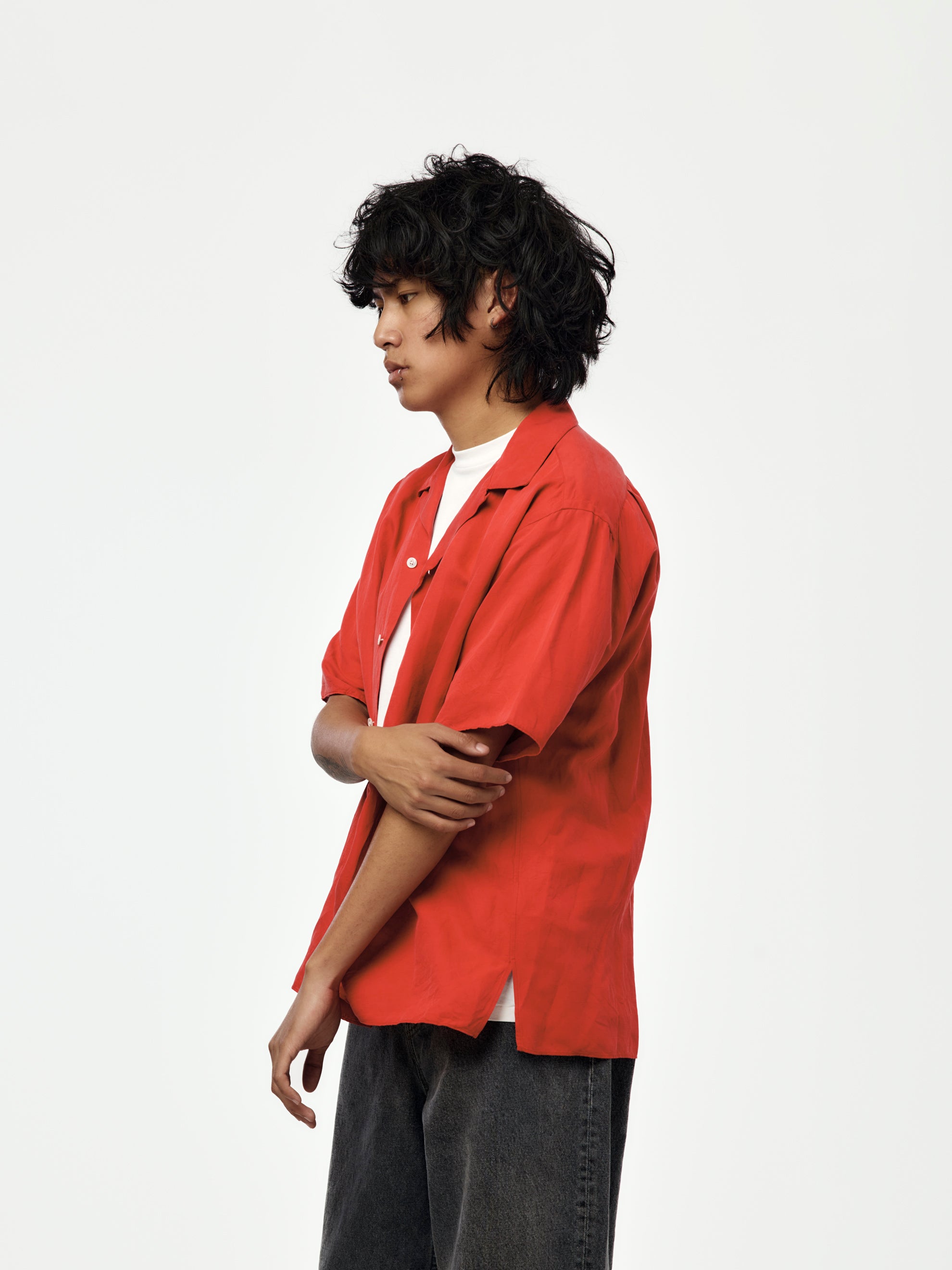 A.PRESSE A.PRESSE Vintage Silk Linen Short-Sleeve Open Collar