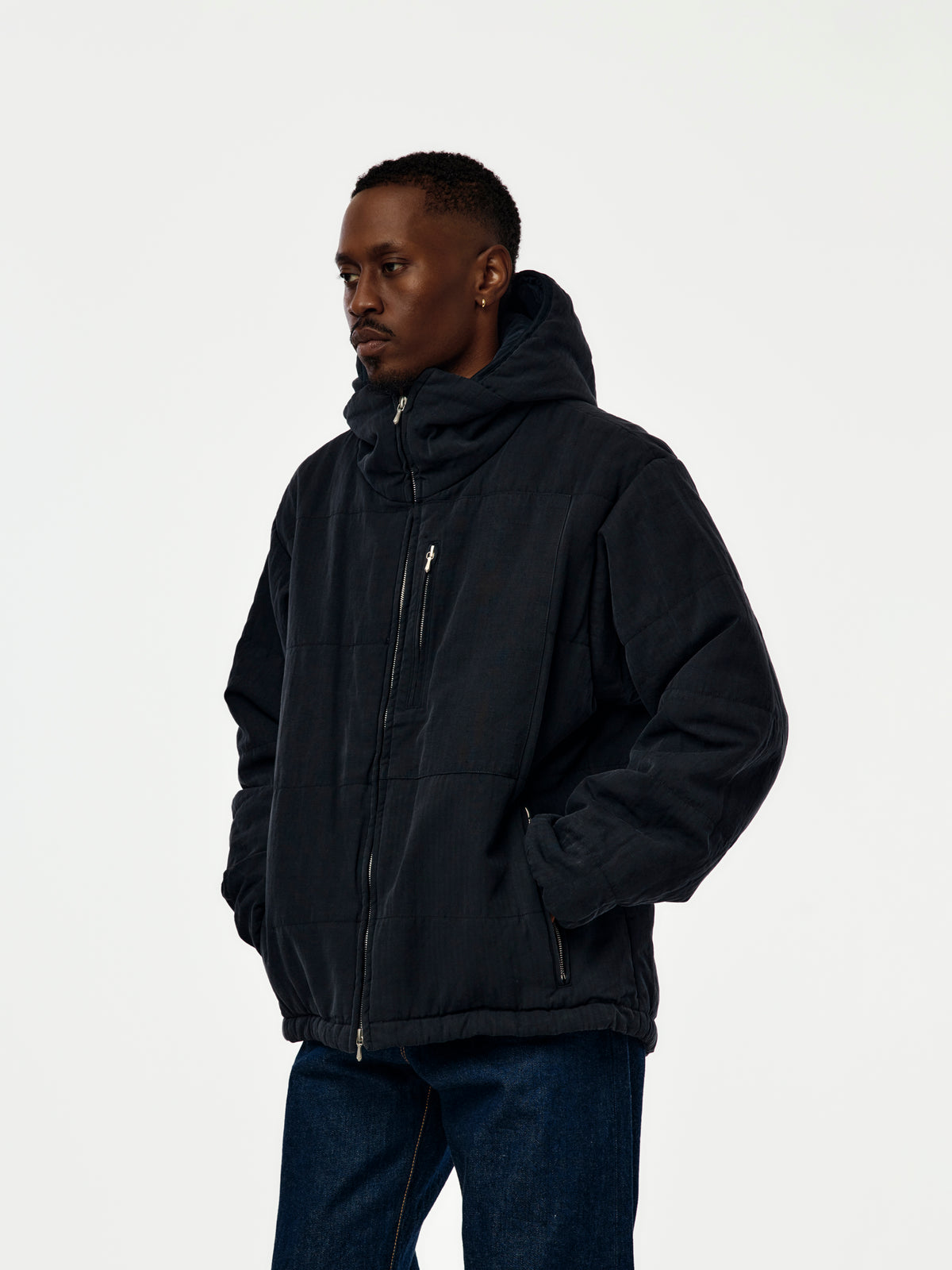 A.PRESSE Washed Cotton Silk Linen Padded Jacket (Sis) (Navy)