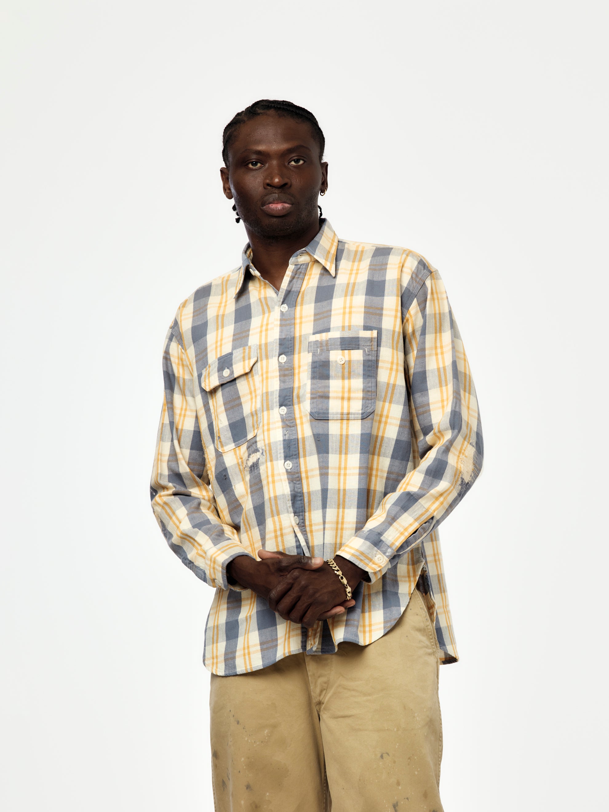 BOW WOW Unique Pocket Check Aged Flannel Shirt (Yellow/Blue