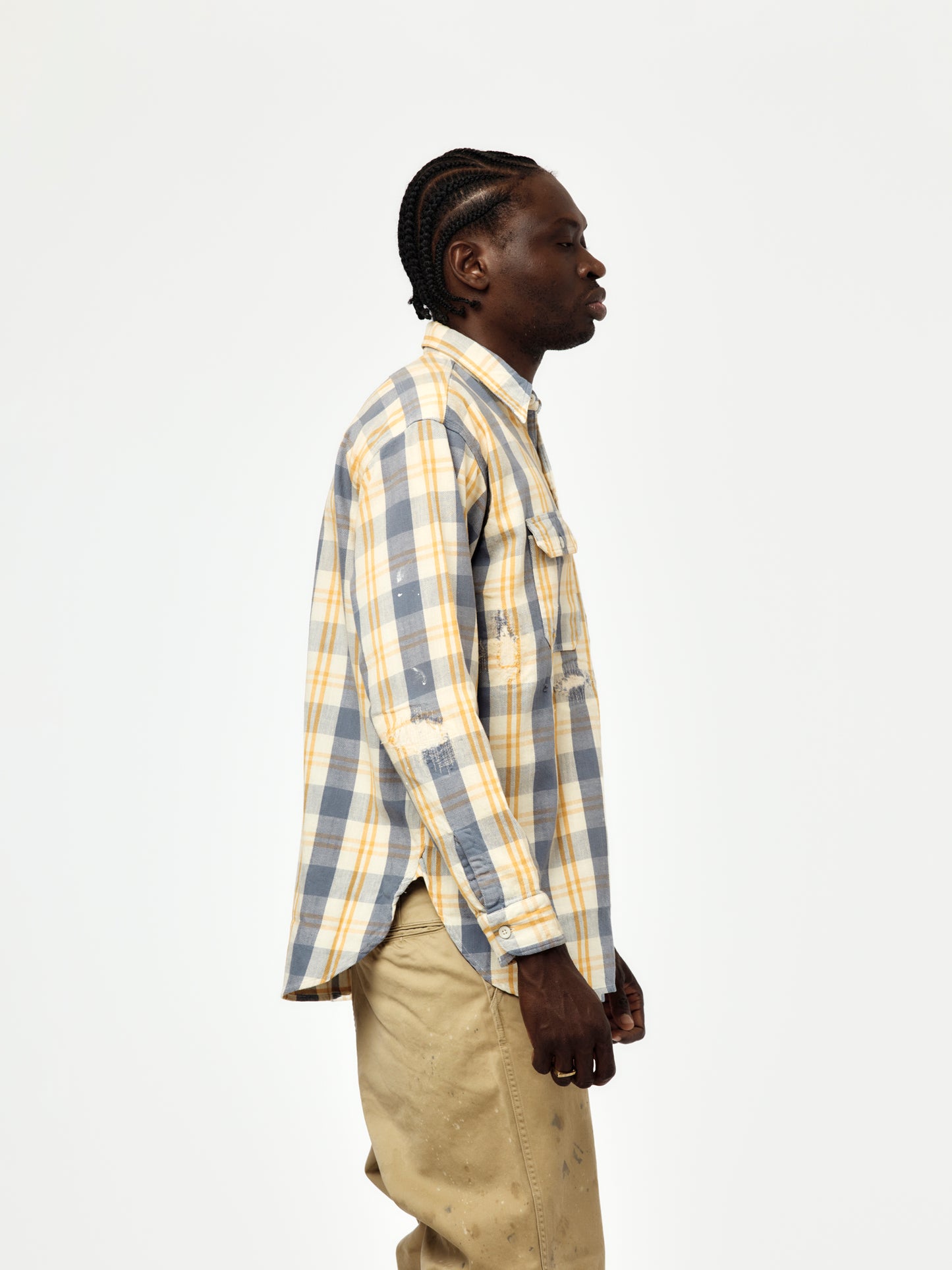Unique Pocket Check Aged Flannel Shirt (Yellow/Blue)