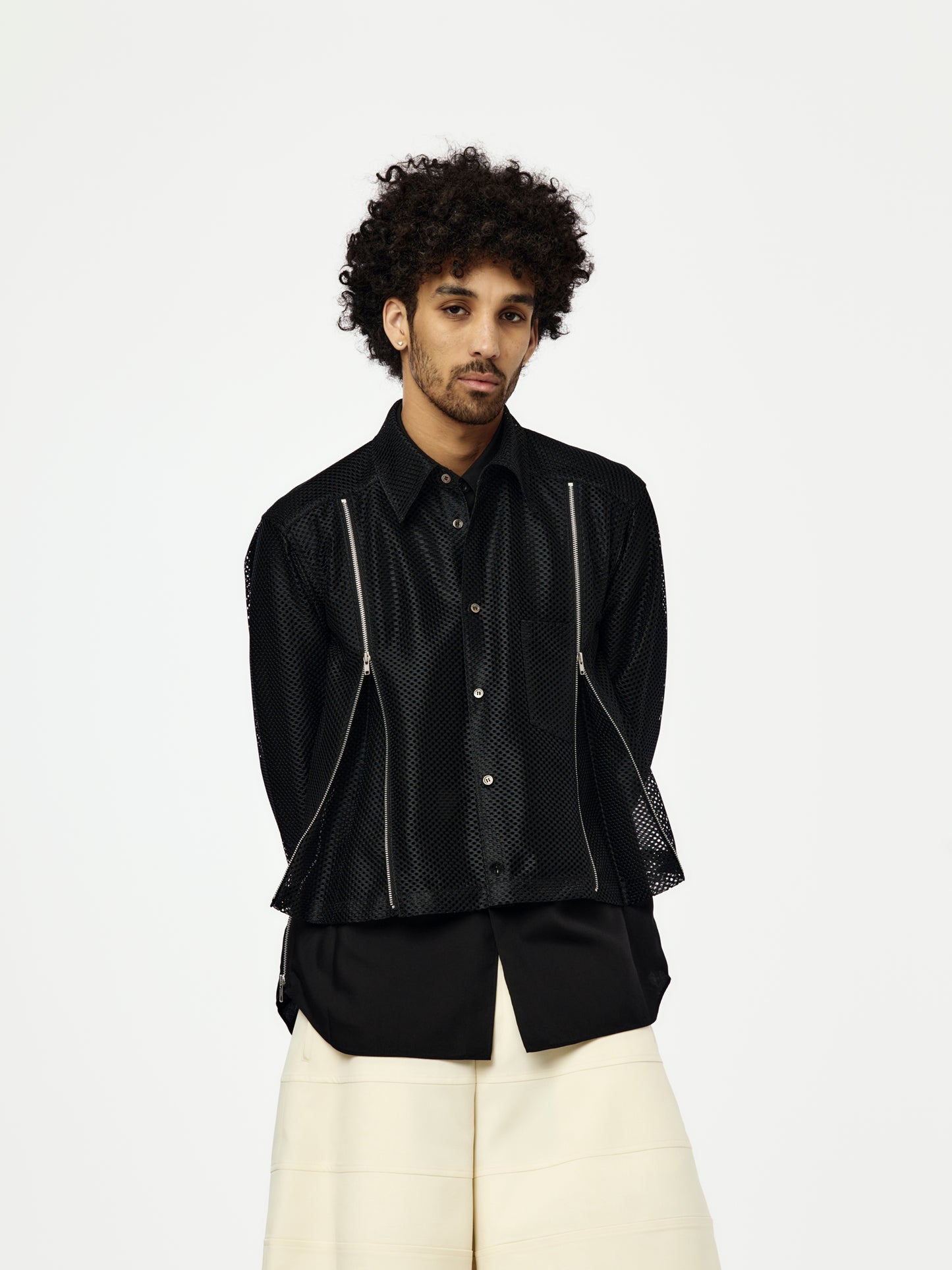 MEN'S ZIPPER MESH OVERLAY SHIRT PQ-B024-S26 (BLACK)