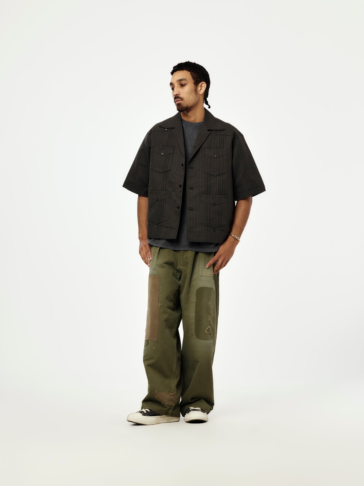 CottonLinen Herringbone Stripe Short Sleeve Cuba JKT (Charcoal)