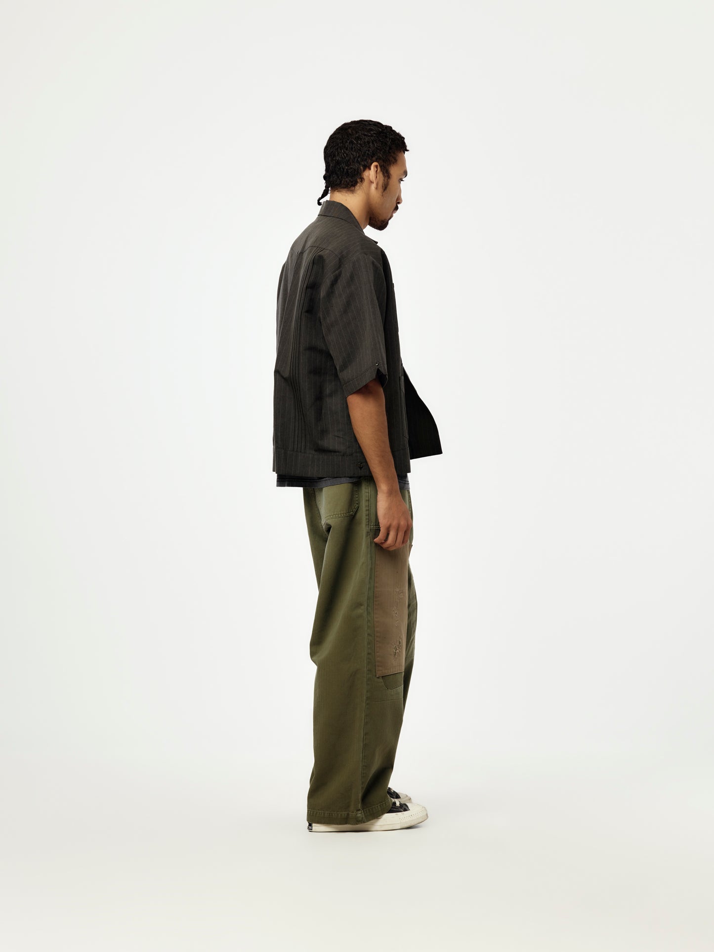 CottonLinen Herringbone Stripe Short Sleeve Cuba JKT (Charcoal)
