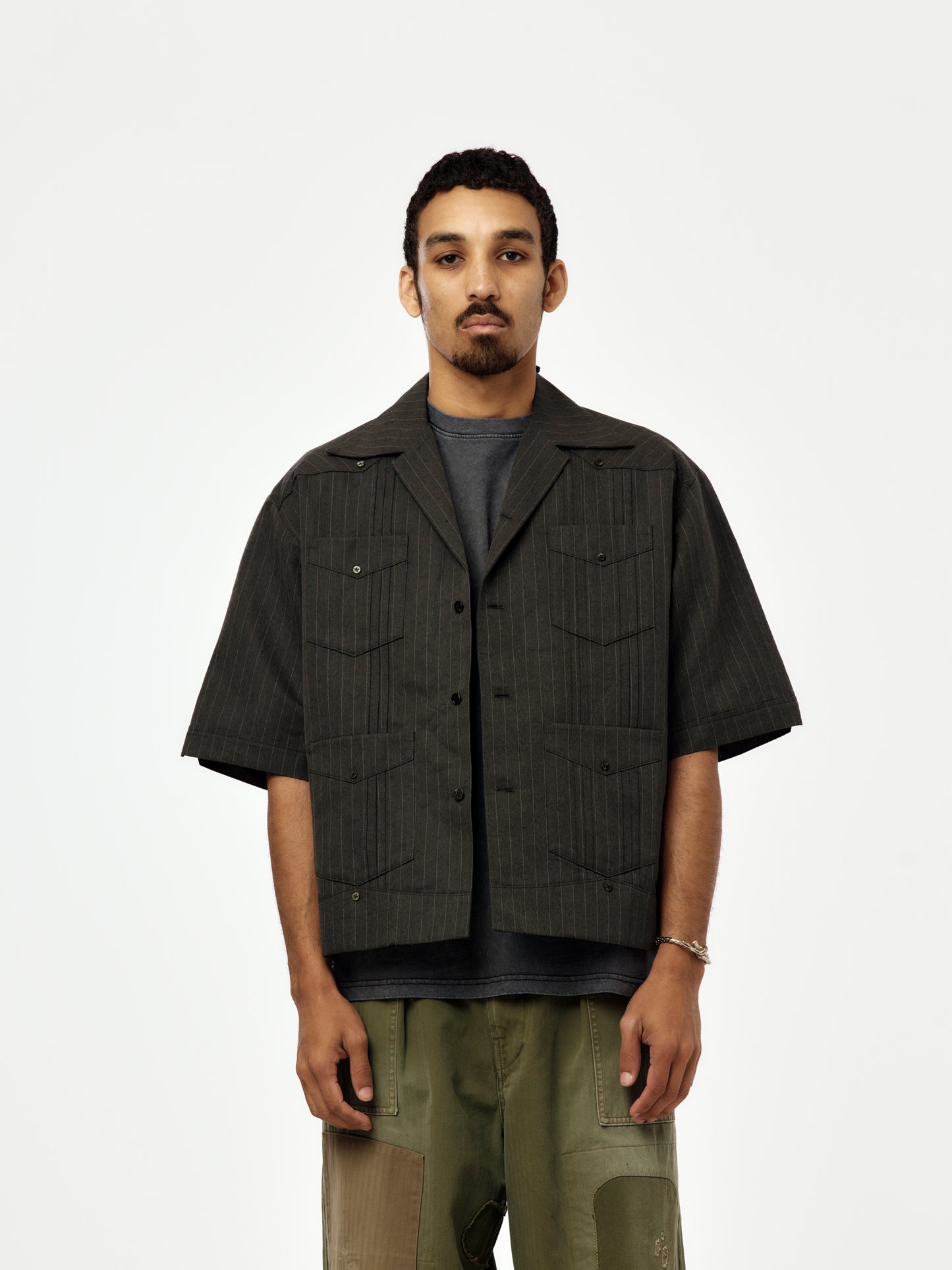 CottonLinen Herringbone Stripe Short Sleeve Cuba JKT (Charcoal)