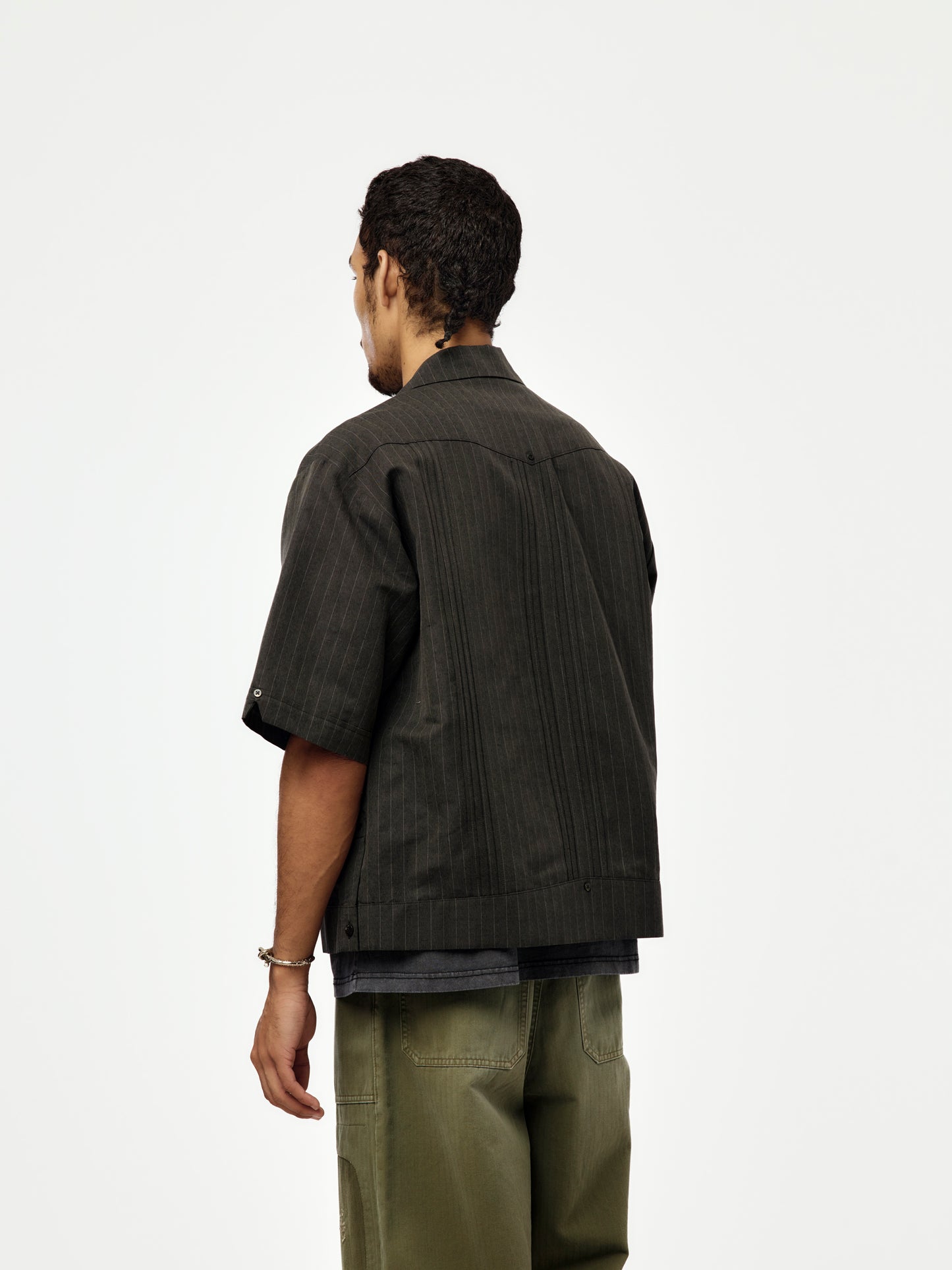CottonLinen Herringbone Stripe Short Sleeve Cuba JKT (Charcoal)