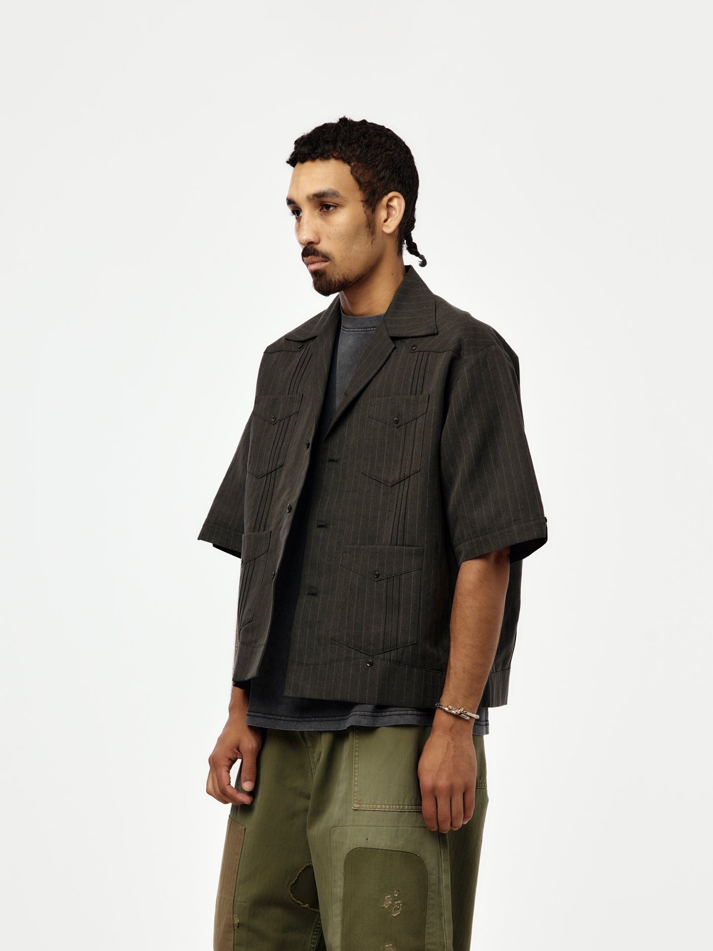 CottonLinen Herringbone Stripe Short Sleeve Cuba JKT (Charcoal)