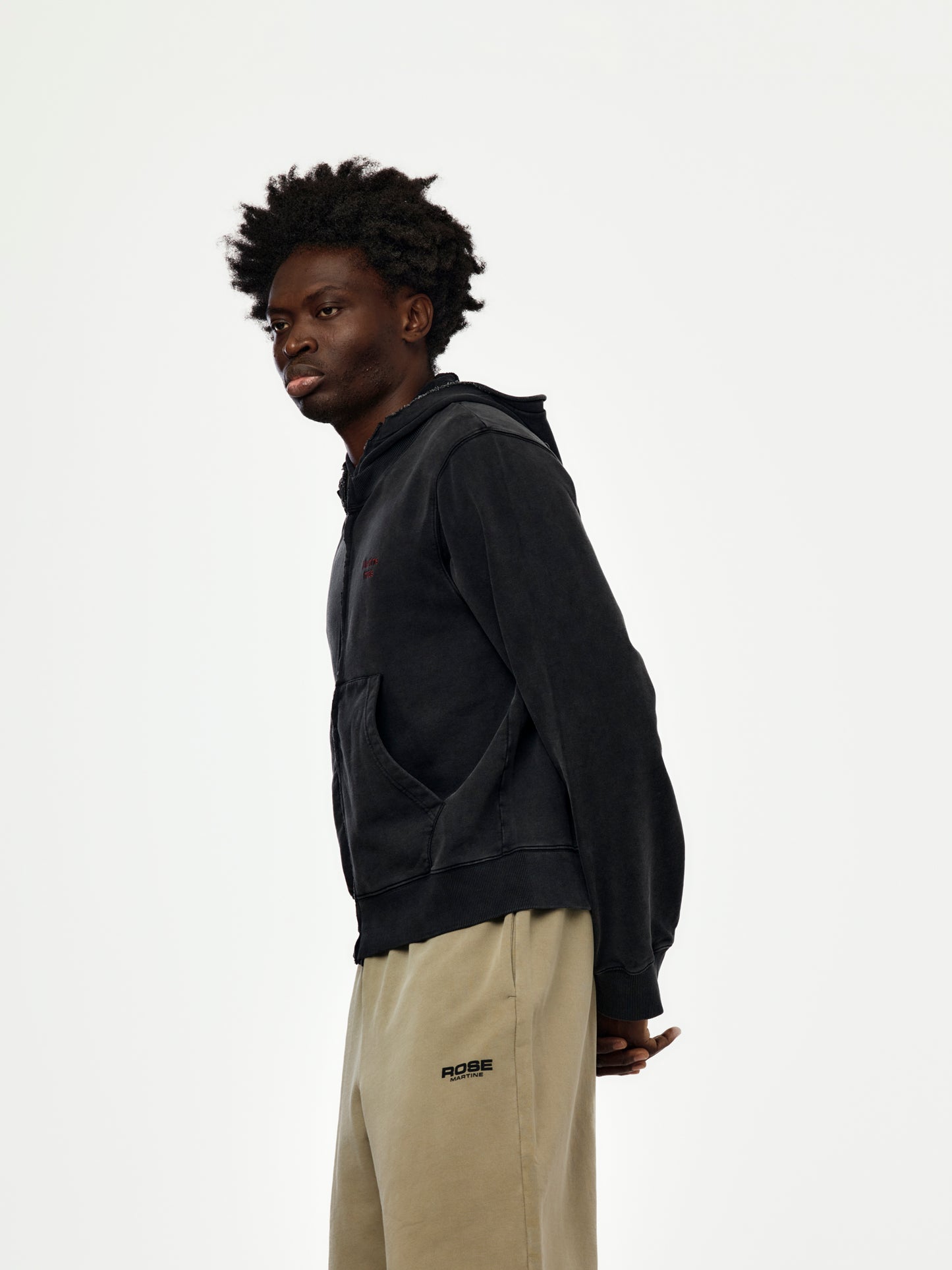 HOODED ZIP CREW (BLACK WASHED)