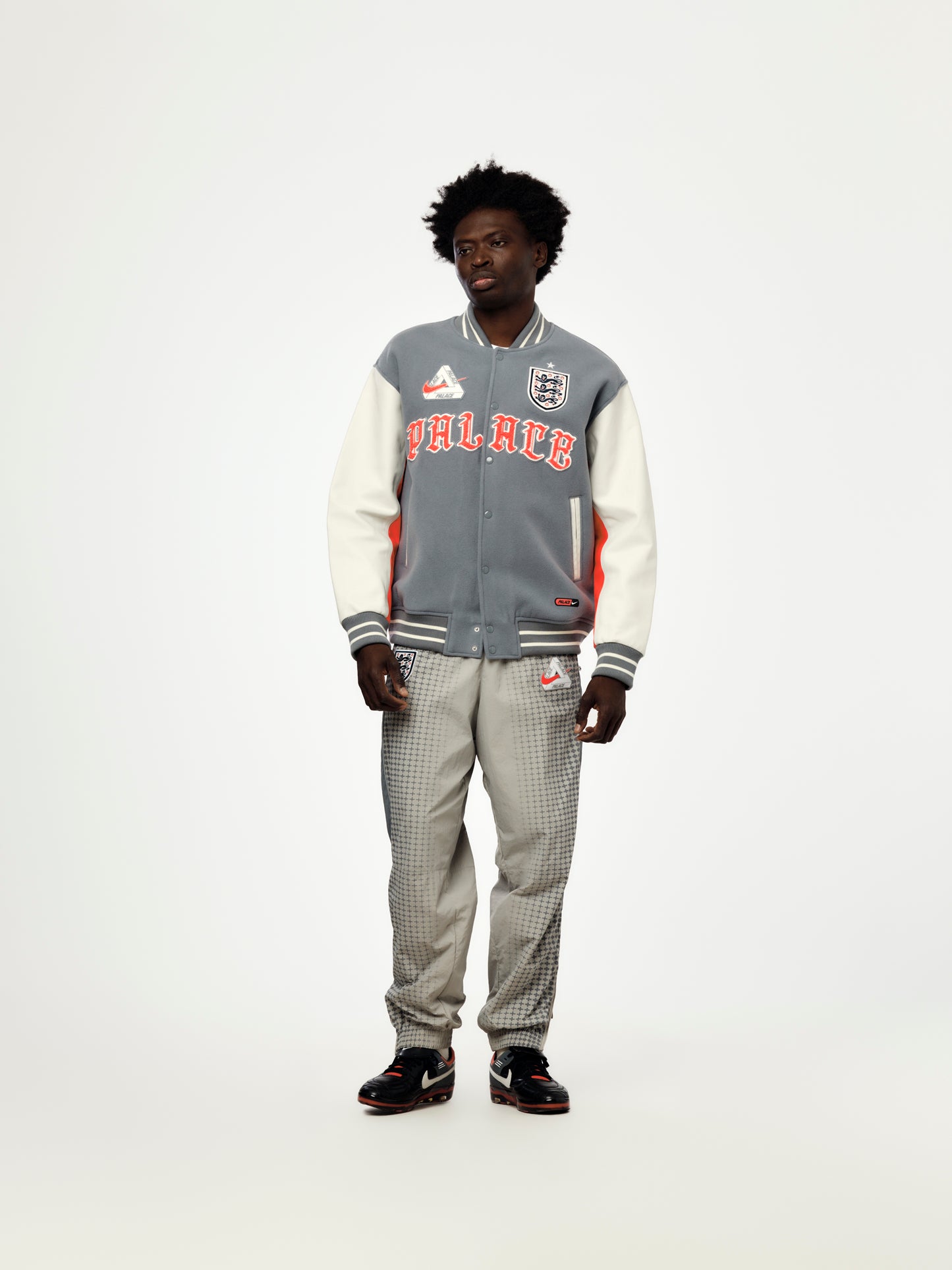 England x Palace x Nike Varsity Jacket (Cool Grey/White/Bright Crimson)