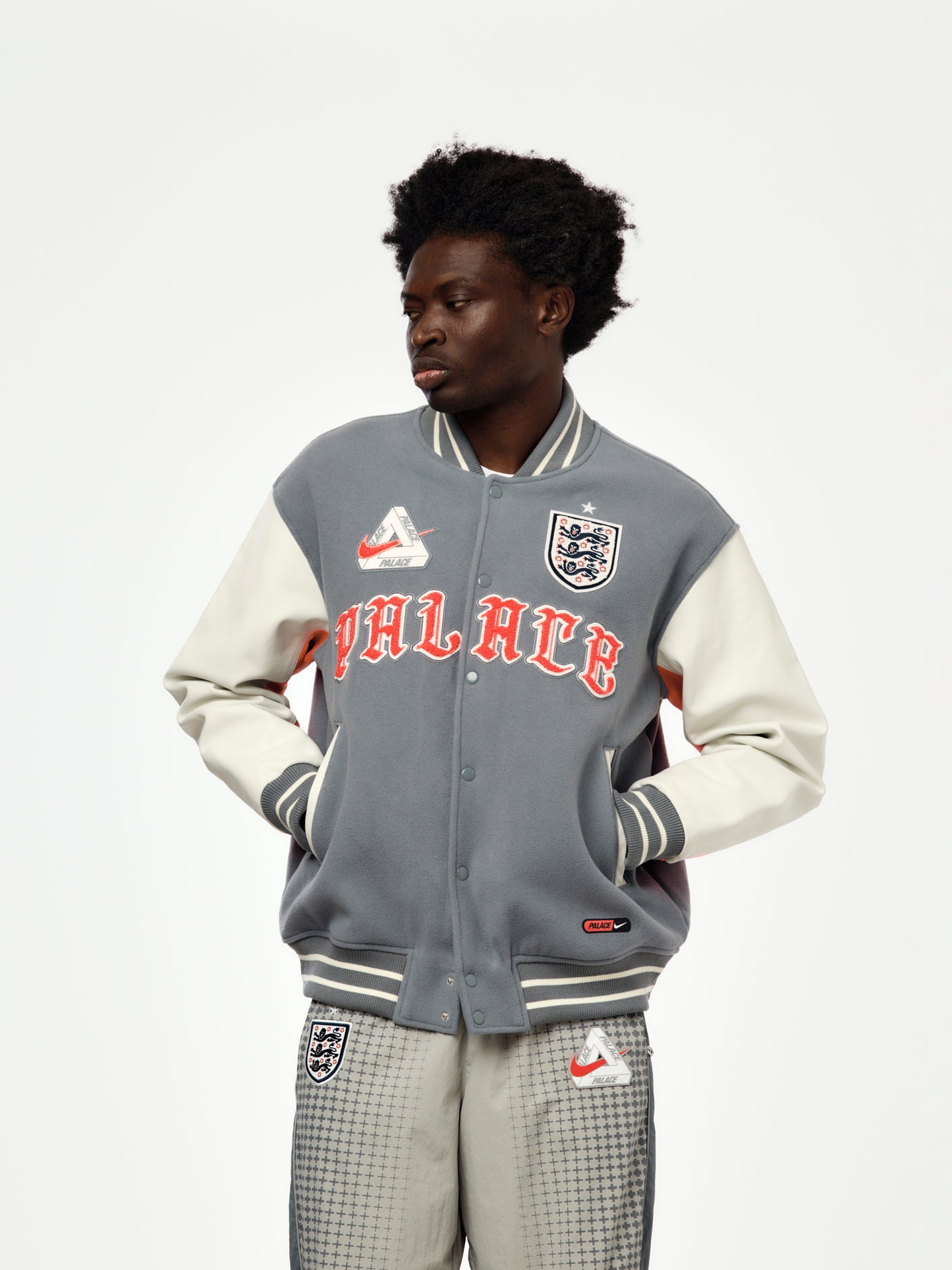 England x Palace x Nike Varsity Jacket (Cool Grey/White/Bright Crimson)