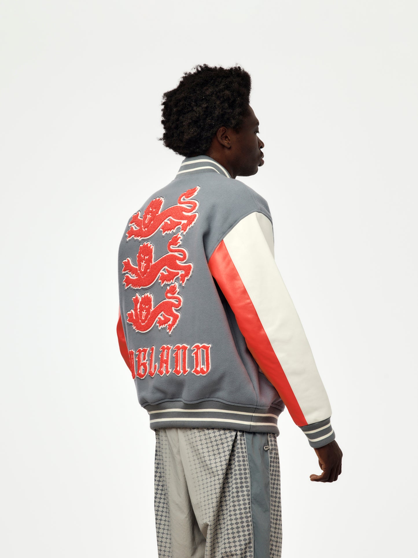 England x Palace x Nike Varsity Jacket (Cool Grey/White/Bright Crimson)