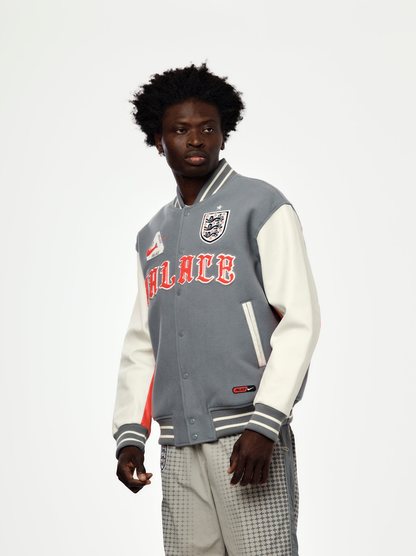 England x Palace x Nike Varsity Jacket (Cool Grey/White/Bright Crimson)