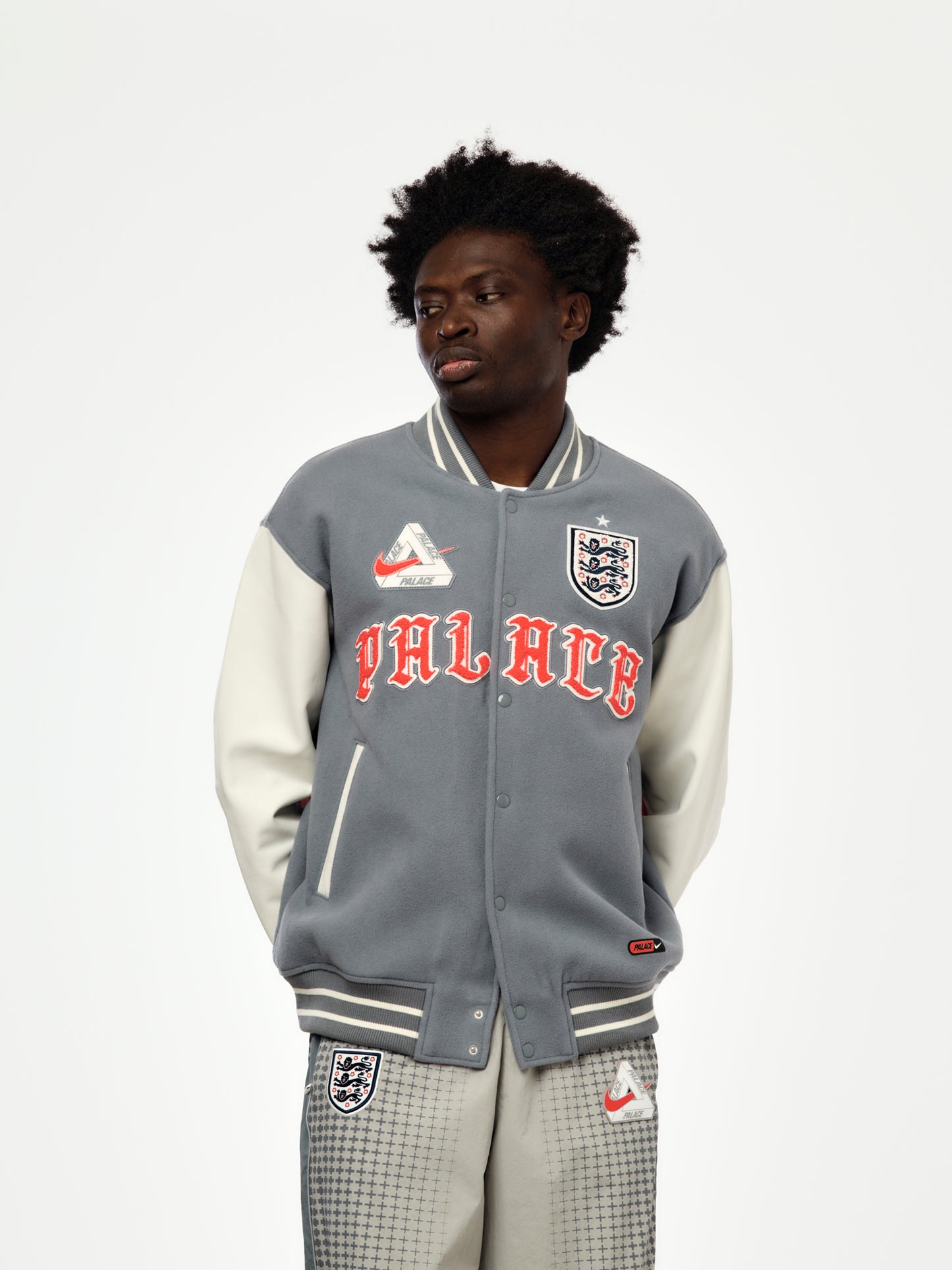 England x Palace x Nike Varsity Jacket (Cool Grey/White/Bright Crimson)