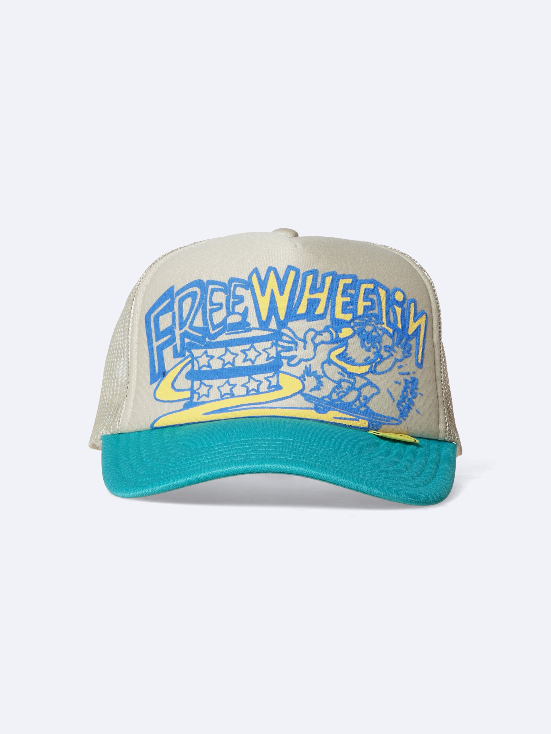 FREE WHEELIN' Trucker Cap (Beige/Turquoise)